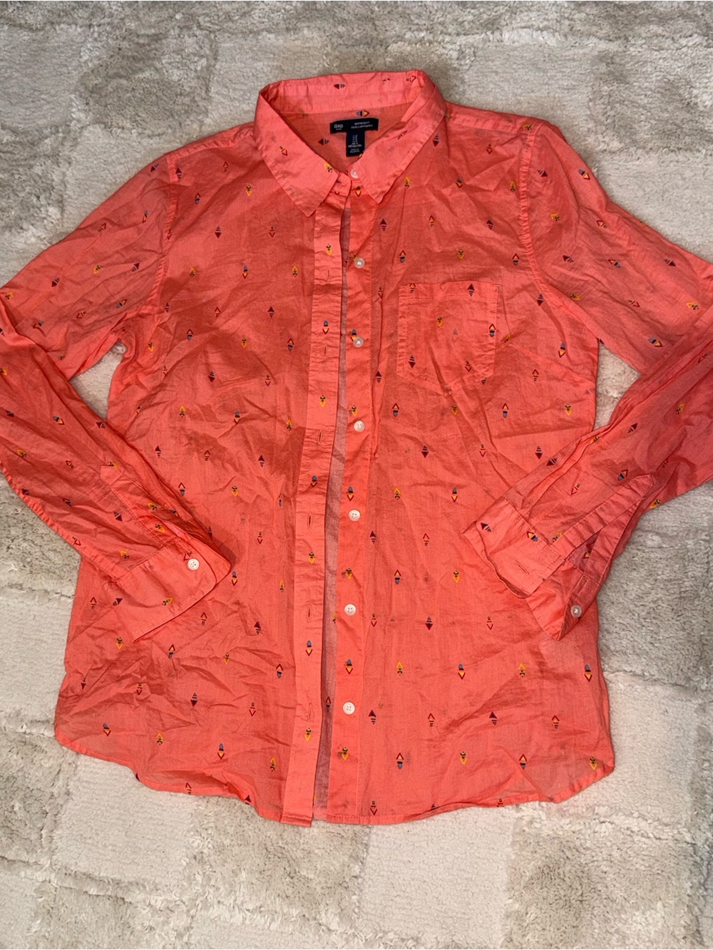 Gap Boyfriend Fit Coral Button-Down Shirt with Geometric colorful Patter Size S